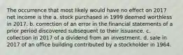 The occurrence that most likely would have no effect on 2017 net income is the a. stock purchased in 1999 deemed worthless in 2017. b. correction of an error in the financial statements of a prior period discovered subsequent to their issuance. c. collection in 2017 of a dividend from an investment. d. sale in 2017 of an office building contributed by a stockholder in 1964.