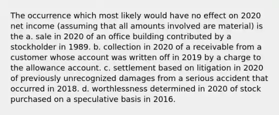 The occurrence which most likely would have no effect on 2020 net income (assuming that all amounts involved are material) is the a. sale in 2020 of an office building contributed by a stockholder in 1989. b. collection in 2020 of a receivable from a customer whose account was written off in 2019 by a charge to the allowance account. c. settlement based on litigation in 2020 of previously unrecognized damages from a serious accident that occurred in 2018. d. worthlessness determined in 2020 of stock purchased on a speculative basis in 2016.