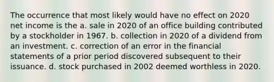 The occurrence that most likely would have no effect on 2020 net income is the a. sale in 2020 of an office building contributed by a stockholder in 1967. b. collection in 2020 of a dividend from an investment. c. correction of an error in the <a href='https://www.questionai.com/knowledge/kFBJaQCz4b-financial-statements' class='anchor-knowledge'>financial statements</a> of a prior period discovered subsequent to their issuance. d. stock purchased in 2002 deemed worthless in 2020.