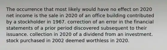 The occurrence that most likely would have no effect on 2020 net income is the sale in 2020 of an office building contributed by a stockholder in 1967. correction of an error in the financial statements of a prior period discovered subsequent to their issuance. collection in 2020 of a dividend from an investment. stock purchased in 2002 deemed worthless in 2020.