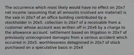 The occurrence which most likely would have no effect on 20x7 net income (assuming that all amounts involved are material) is the sale in 20x7 of an office building contributed by a stockholder in 20x5. collection in 20x7 of a receivable from a customer whose account was written off in 20x6 by a charge to the allowance account. settlement based on litigation in 20x7 of previously unrecognized damages from a serious accident which occurred in 20x5. worthlessness determined in 20x7 of stock purchased on a speculative basis in 20x4