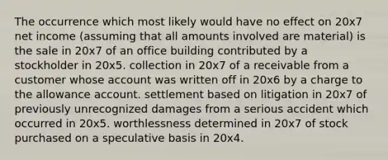 The occurrence which most likely would have no effect on 20x7 net income (assuming that all amounts involved are material) is the sale in 20x7 of an office building contributed by a stockholder in 20x5. collection in 20x7 of a receivable from a customer whose account was written off in 20x6 by a charge to the allowance account. settlement based on litigation in 20x7 of previously unrecognized damages from a serious accident which occurred in 20x5. worthlessness determined in 20x7 of stock purchased on a speculative basis in 20x4.