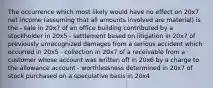 The occurrence which most likely would have no effect on 20x7 net income (assuming that all amounts involved are material) is the - sale in 20x7 of an office building contributed by a stockholder in 20x5 - settlement based on litigation in 20x7 of previously unrecognized damages from a serious accident which occurred in 20x5 - collection in 20x7 of a receivable from a customer whose account was written off in 20x6 by a charge to the allowance account - worthlessness determined in 20x7 of stock purchased on a speculative basis in 20x4