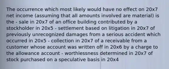 The occurrence which most likely would have no effect on 20x7 net income (assuming that all amounts involved are material) is the - sale in 20x7 of an office building contributed by a stockholder in 20x5 - settlement based on litigation in 20x7 of previously unrecognized damages from a serious accident which occurred in 20x5 - collection in 20x7 of a receivable from a customer whose account was written off in 20x6 by a charge to the allowance account - worthlessness determined in 20x7 of stock purchased on a speculative basis in 20x4