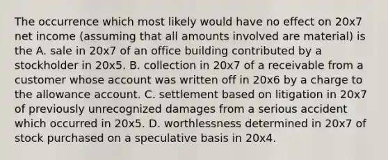 The occurrence which most likely would have no effect on 20x7 net income (assuming that all amounts involved are material) is the A. sale in 20x7 of an office building contributed by a stockholder in 20x5. B. collection in 20x7 of a receivable from a customer whose account was written off in 20x6 by a charge to the allowance account. C. settlement based on litigation in 20x7 of previously unrecognized damages from a serious accident which occurred in 20x5. D. worthlessness determined in 20x7 of stock purchased on a speculative basis in 20x4.