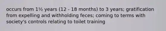 occurs from 1½ years (12 - 18 months) to 3 years; gratification from expelling and withholding feces; coming to terms with society's controls relating to toilet training