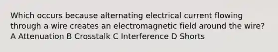 Which occurs because alternating electrical current flowing through a wire creates an electromagnetic field around the wire? A Attenuation B Crosstalk C Interference D Shorts