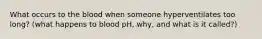 What occurs to the blood when someone hyperventilates too long? (what happens to blood pH, why, and what is it called?)