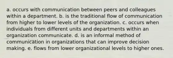 a. occurs with communication between peers and colleagues within a department. b. is the traditional flow of communication from higher to lower levels of the organization. c. occurs when individuals from different units and departments within an organization communicate. d. is an informal method of communication in organizations that can improve decision making. e. flows from lower organizational levels to higher ones.