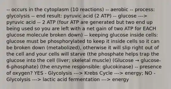 -- occurs in the cytoplasm (10 reactions) -- aerobic -- process: glycolysis -- end result: pyruvic acid (2 ATP) -- glucose ---> pyruvic acid -- 2 ATP (four ATP are generated but two end up being used so you are left with a net gain of two ATP for EACH glucose molecule broken down) -- keeping glucose inside cells: glucose must be phosphorylated to keep it inside cells so it can be broken down (metabolized), otherwise it will slip right out of the cell and your cells will starve (the phosphate helps trap the glucose into the cell (liver; skeletal muscle) (Glucose → glucose-6-phosphate) (the enzyme responsible: glucokinase) -- presence of oxygen? YES - Glycolysis ---> <a href='https://www.questionai.com/knowledge/kqfW58SNl2-krebs-cycle' class='anchor-knowledge'>krebs cycle</a> ---> energy; NO - Glycolysis ---> lactic acid fermentation ---> energy