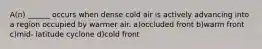 A(n) ______ occurs when dense cold air is actively advancing into a region occupied by warmer air. a)occluded front b)warm front c)mid- latitude cyclone d)cold front