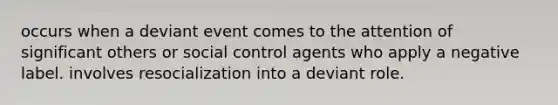 occurs when a deviant event comes to the attention of significant others or social control agents who apply a negative label. involves resocialization into a deviant role.