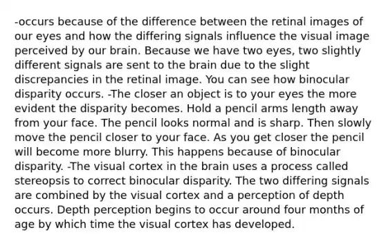 -occurs because of the difference between the retinal images of our eyes and how the differing signals influence the visual image perceived by our brain. Because we have two eyes, two slightly different signals are sent to the brain due to the slight discrepancies in the retinal image. You can see how binocular disparity occurs. -The closer an object is to your eyes the more evident the disparity becomes. Hold a pencil arms length away from your face. The pencil looks normal and is sharp. Then slowly move the pencil closer to your face. As you get closer the pencil will become more blurry. This happens because of binocular disparity. -The visual cortex in the brain uses a process called stereopsis to correct binocular disparity. The two differing signals are combined by the visual cortex and a perception of depth occurs. Depth perception begins to occur around four months of age by which time the visual cortex has developed.