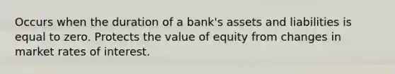 Occurs when the duration of a bank's assets and liabilities is equal to zero. Protects the value of equity from changes in market rates of interest.