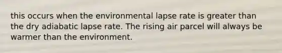 this occurs when the environmental lapse rate is <a href='https://www.questionai.com/knowledge/ktgHnBD4o3-greater-than' class='anchor-knowledge'>greater than</a> the dry adiabatic lapse rate. The rising air parcel will always be warmer than the environment.