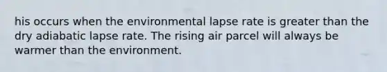 his occurs when the environmental lapse rate is greater than the dry adiabatic lapse rate. The rising air parcel will always be warmer than the environment.