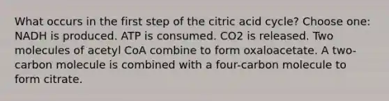 What occurs in the first step of the citric acid cycle? Choose one: NADH is produced. ATP is consumed. CO2 is released. Two molecules of acetyl CoA combine to form oxaloacetate. A two-carbon molecule is combined with a four-carbon molecule to form citrate.