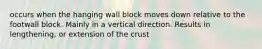 occurs when the hanging wall block moves down relative to the footwall block. Mainly in a vertical direction. Results in lengthening, or extension of the crust