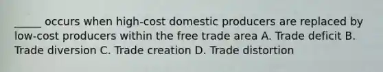 _____ occurs when high-cost domestic producers are replaced by low-cost producers within the free trade area A. Trade deficit B. Trade diversion C. Trade creation D. Trade distortion