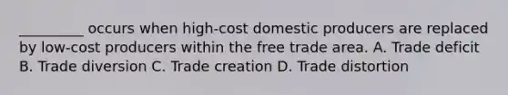 _________ occurs when high-cost domestic producers are replaced by low-cost producers within the free trade area. A. Trade deficit B. Trade diversion C. Trade creation D. Trade distortion