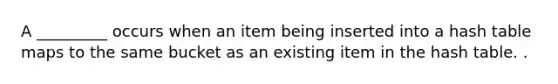 A _________ occurs when an item being inserted into a hash table maps to the same bucket as an existing item in the hash table. .