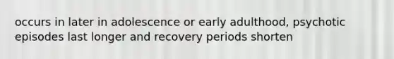 occurs in later in adolescence or early adulthood, psychotic episodes last longer and recovery periods shorten