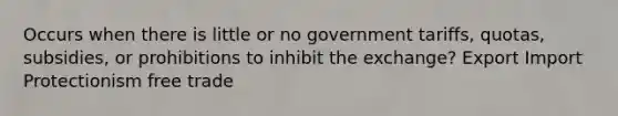 Occurs when there is little or no government tariffs, quotas, subsidies, or prohibitions to inhibit the exchange? Export Import Protectionism free trade