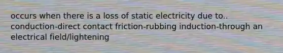 occurs when there is a loss of static electricity due to.. conduction-direct contact friction-rubbing induction-through an electrical field/lightening