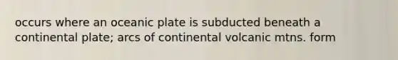 occurs where an oceanic plate is subducted beneath a continental plate; arcs of continental volcanic mtns. form