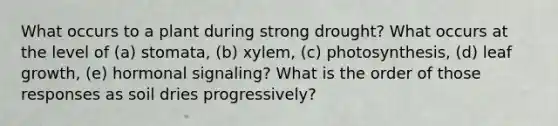 What occurs to a plant during strong drought? What occurs at the level of (a) stomata, (b) xylem, (c) photosynthesis, (d) leaf growth, (e) hormonal signaling? What is the order of those responses as soil dries progressively?