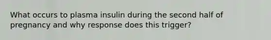 What occurs to plasma insulin during the second half of pregnancy and why response does this trigger?
