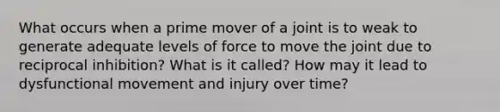 What occurs when a prime mover of a joint is to weak to generate adequate levels of force to move the joint due to reciprocal inhibition? What is it called? How may it lead to dysfunctional movement and injury over time?