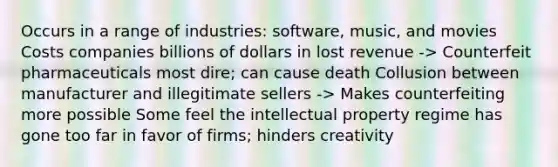 Occurs in a range of industries: software, music, and movies Costs companies billions of dollars in lost revenue -> Counterfeit pharmaceuticals most dire; can cause death Collusion between manufacturer and illegitimate sellers -> Makes counterfeiting more possible Some feel the intellectual property regime has gone too far in favor of firms; hinders creativity