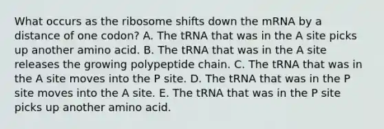 What occurs as the ribosome shifts down the mRNA by a distance of one codon? A. The tRNA that was in the A site picks up another amino acid. B. The tRNA that was in the A site releases the growing polypeptide chain. C. The tRNA that was in the A site moves into the P site. D. The tRNA that was in the P site moves into the A site. E. The tRNA that was in the P site picks up another amino acid.