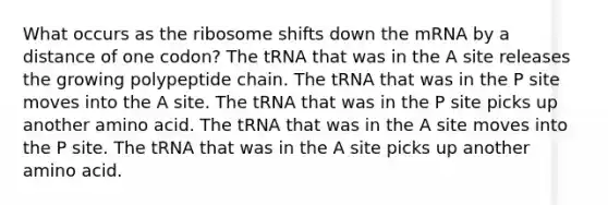 What occurs as the ribosome shifts down the mRNA by a distance of one codon? The tRNA that was in the A site releases the growing polypeptide chain. The tRNA that was in the P site moves into the A site. The tRNA that was in the P site picks up another amino acid. The tRNA that was in the A site moves into the P site. The tRNA that was in the A site picks up another amino acid.