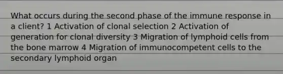 What occurs during the second phase of the immune response in a client? 1 Activation of clonal selection 2 Activation of generation for clonal diversity 3 Migration of lymphoid cells from the bone marrow 4 Migration of immunocompetent cells to the secondary lymphoid organ