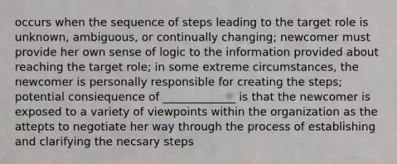 occurs when the sequence of steps leading to the target role is unknown, ambiguous, or continually changing; newcomer must provide her own sense of logic to the information provided about reaching the target role; in some extreme circumstances, the newcomer is personally responsible for creating the steps; potential consiequence of _____________ is that the newcomer is exposed to a variety of viewpoints within the organization as the attepts to negotiate her way through the process of establishing and clarifying the necsary steps