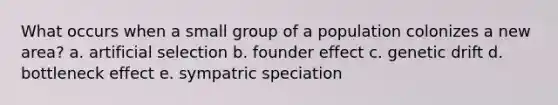 What occurs when a small group of a population colonizes a new area? a. artificial selection b. founder effect c. genetic drift d. bottleneck effect e. sympatric speciation