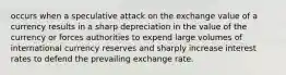 occurs when a speculative attack on the exchange value of a currency results in a sharp depreciation in the value of the currency or forces authorities to expend large volumes of international currency reserves and sharply increase interest rates to defend the prevailing exchange rate.