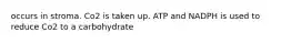 occurs in stroma. Co2 is taken up. ATP and NADPH is used to reduce Co2 to a carbohydrate