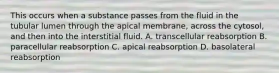 This occurs when a substance passes from the fluid in the tubular lumen through the apical membrane, across the cytosol, and then into the interstitial fluid. A. transcellular reabsorption B. paracellular reabsorption C. apical reabsorption D. basolateral reabsorption