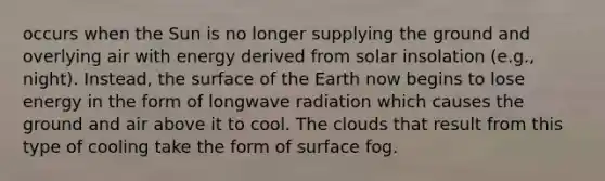 occurs when the Sun is no longer supplying the ground and overlying air with energy derived from solar insolation (e.g., night). Instead, the surface of the Earth now begins to lose energy in the form of longwave radiation which causes the ground and air above it to cool. The clouds that result from this type of cooling take the form of surface fog.