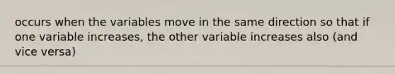 occurs when the variables move in the same direction so that if one variable increases, the other variable increases also (and vice versa)