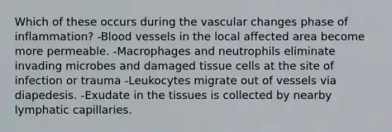 Which of these occurs during the vascular changes phase of inflammation? -Blood vessels in the local affected area become more permeable. -Macrophages and neutrophils eliminate invading microbes and damaged tissue cells at the site of infection or trauma -Leukocytes migrate out of vessels via diapedesis. -Exudate in the tissues is collected by nearby lymphatic capillaries.