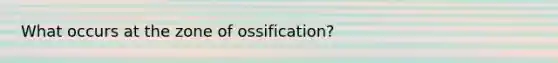 What occurs at the zone of ossification?