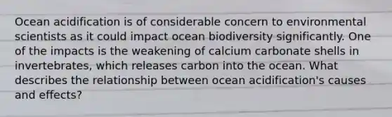 Ocean acidification is of considerable concern to environmental scientists as it could impact ocean biodiversity significantly. One of the impacts is the weakening of calcium carbonate shells in invertebrates, which releases carbon into the ocean. What describes the relationship between ocean acidification's causes and effects?