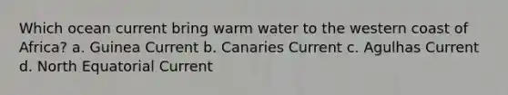 Which ocean current bring warm water to the western coast of Africa? a. Guinea Current b. Canaries Current c. Agulhas Current d. North Equatorial Current