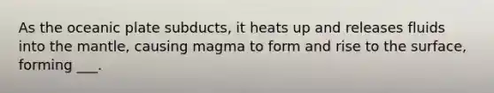 As the oceanic plate subducts, it heats up and releases fluids into <a href='https://www.questionai.com/knowledge/kHR4HOnNY8-the-mantle' class='anchor-knowledge'>the mantle</a>, causing magma to form and rise to the surface, forming ___.