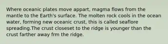 Where oceanic plates move appart, magma flows from the mantle to the Earth's surface. The molten rock cools in the ocean water, forming new oceanic crust, this is called seaflore spreading.The crust closeset to the ridge is younger than the crust farther away frm the ridge.