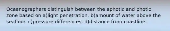 Oceanographers distinguish between the aphotic and photic zone based on a)light penetration. b)amount of water above the seafloor. c)pressure differences. d)distance from coastline.